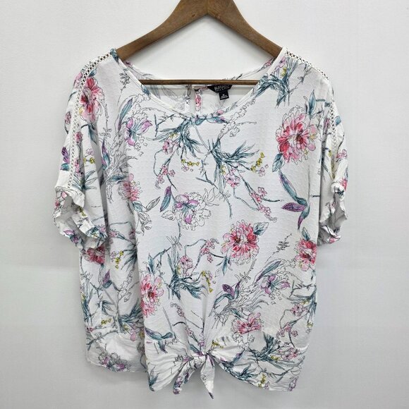 Buffalo David Bitton Womens XL Floral Tie-Front Top White Pink Short Sleeve - Picture 3 of 14
